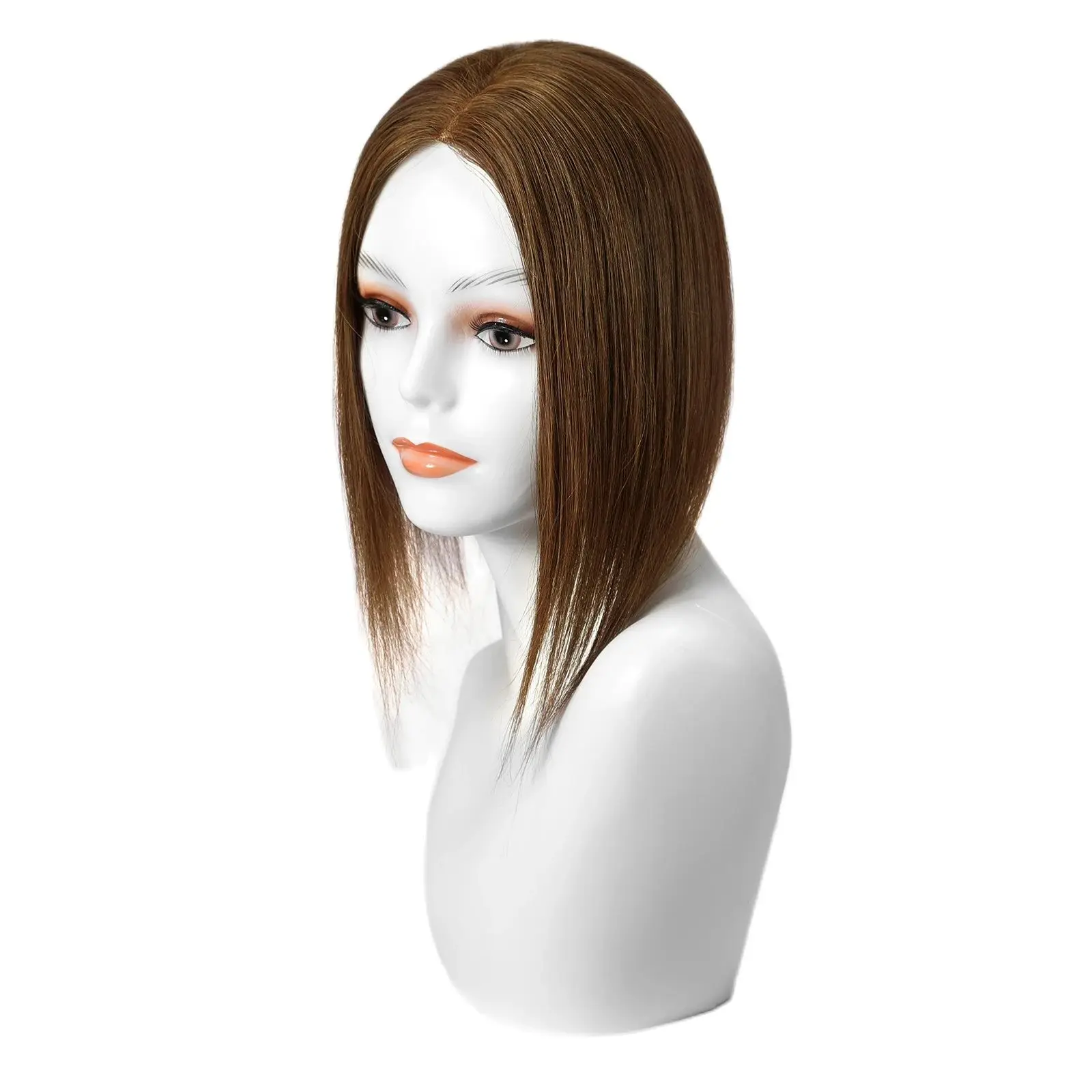 Toppers de cabello humano Remy para mujer, Clips de Base de encaje MONO, postizos de extensiones de cabello humano Marrón Natural, 14 pulgadas