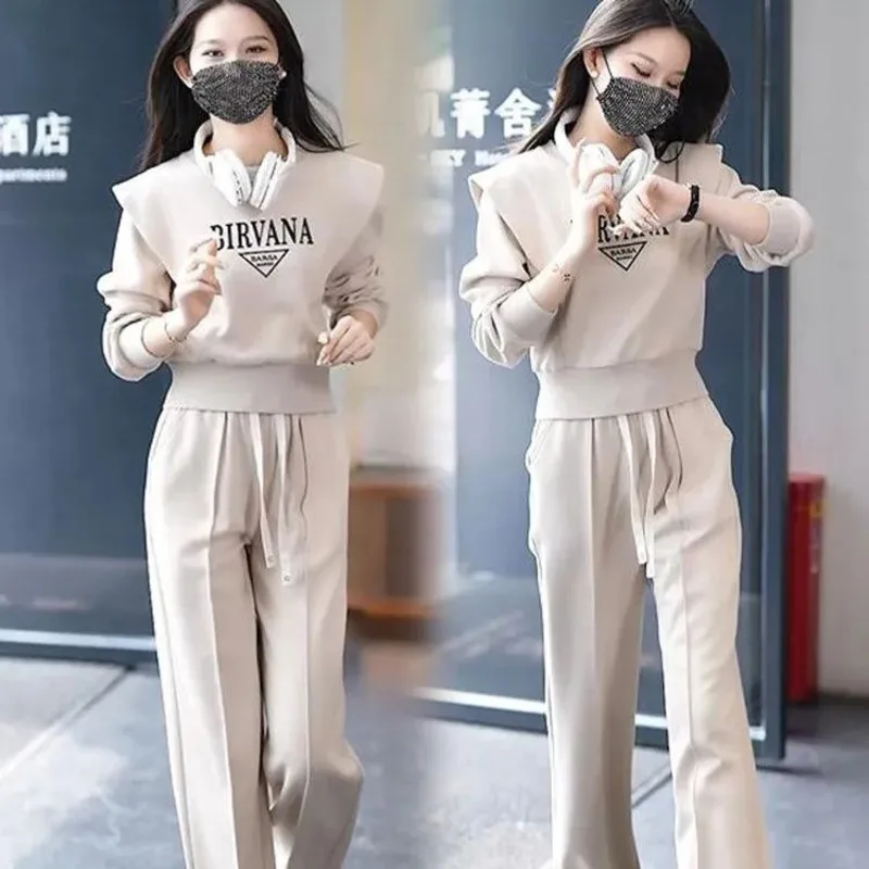 Women\'s Leisure Sports Suit 2023 Autumn Winter New Slim Fashion Spring Running Loose Long Sleeve Crop Tops Pants 2 Two Piece Set