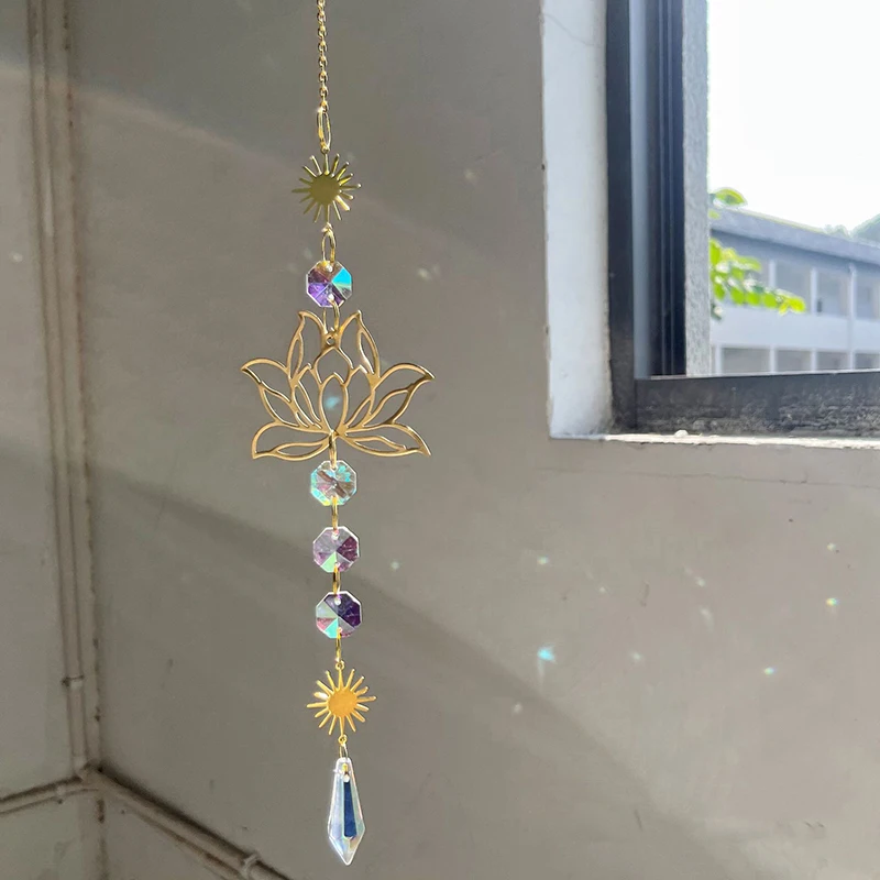 1Pc Suncatcher Gardening Crafts Golden Lotus AB Colorful Water Drop Pendant Crystal Decoration Pendant For Home Wedding Garden