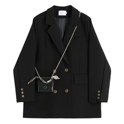 Black Fashion Suit Jacket Women Fashion Double-Breasted Office Ladies Outerwear Y2K Loose Korean Solid Preppy All-Match Coats
