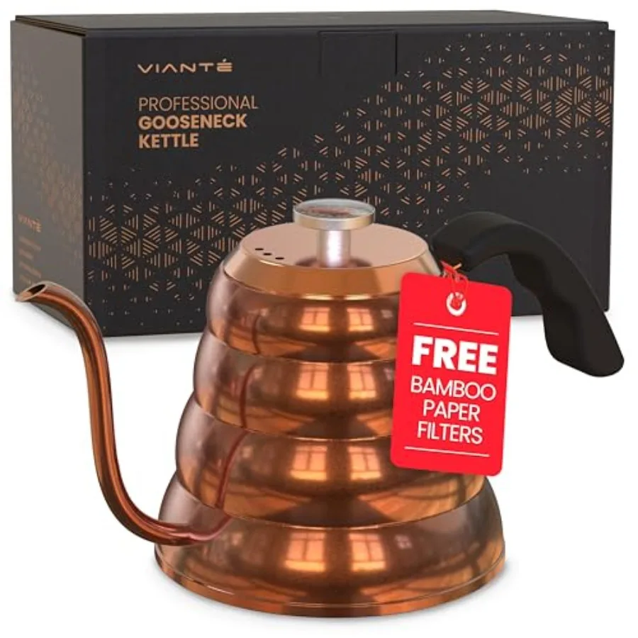 

Gooseneck Stovetop Pour Over Coffee Kettle with Thermometer for Drip Coffee and Tea. Premium Copper Stainless Steel. 40 fl oz.