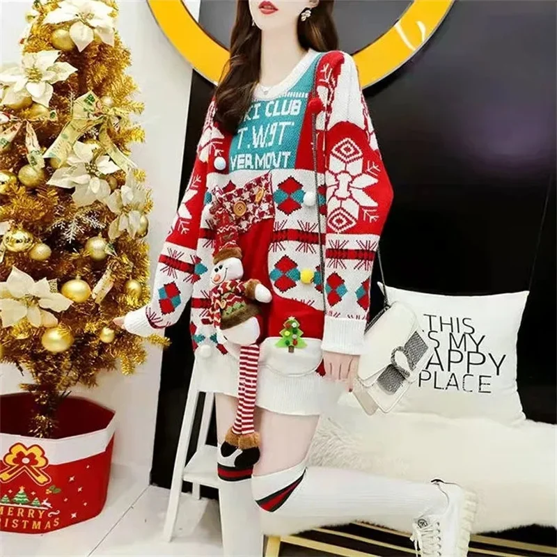 Large Size Women Sweater Autumn Winter Korean Loose Thick O-Neck Red Christmas Sweater Sweet Cute Pullover Knitted Jumper Mujer