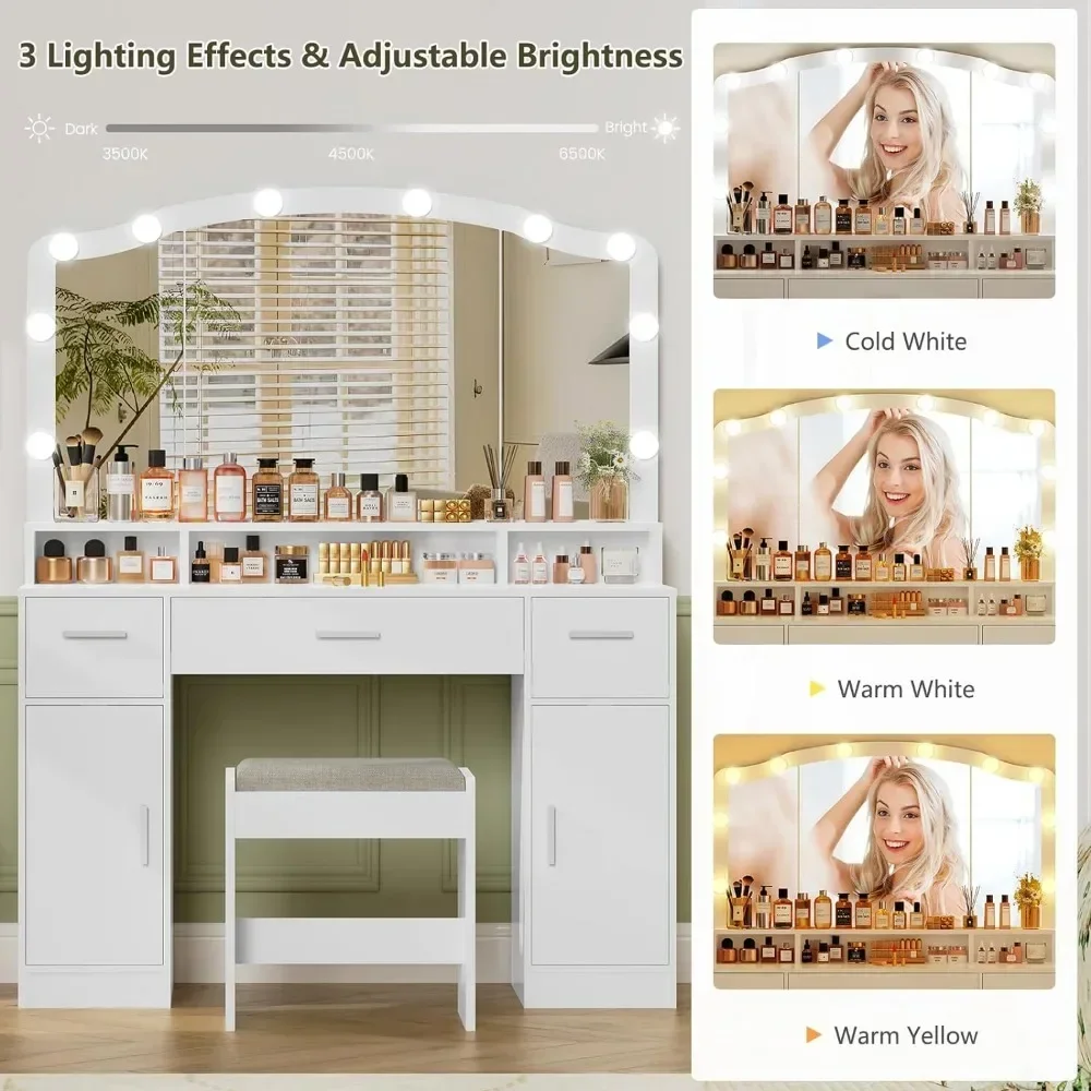 Makeup Vanity with Lights,with 3 Drawers,2 Cabinets & Long Storage Shelf,Dressing Vanity Table with Stool, Suitable for bedrooms image 4