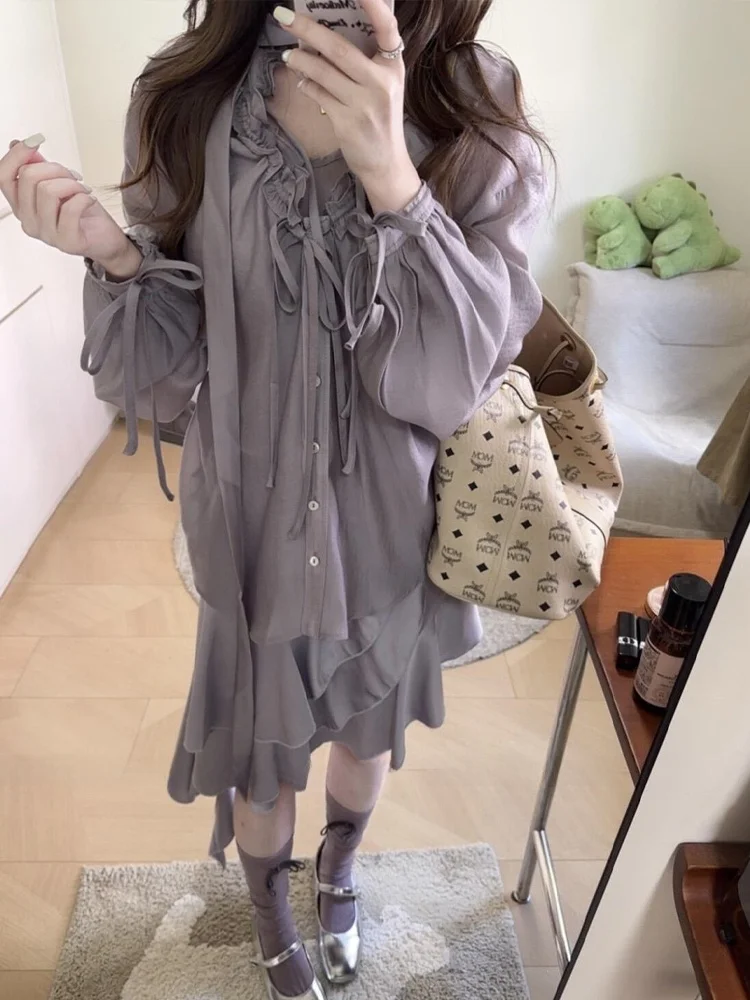 

Французский комплект из блузки с длинными рукавами и рюшами и юбки для женщин: весенне-летний наряд с асимметричным подолом, блузка пастельных тонов