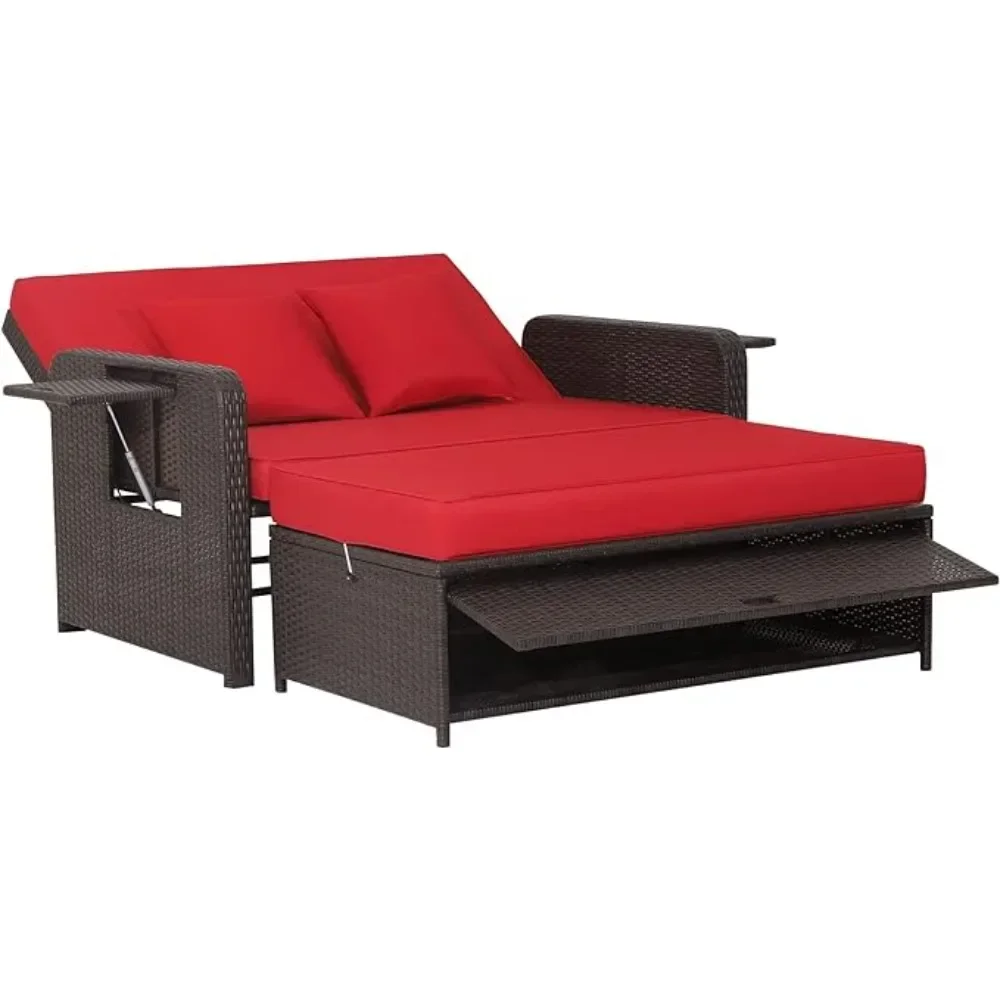 Patio Rotan Daybed, Patiojoy rieten loveseat bank met multifunctionele poef en intrekbaar zijblad, 4-niveaus verstelbare rugleuning