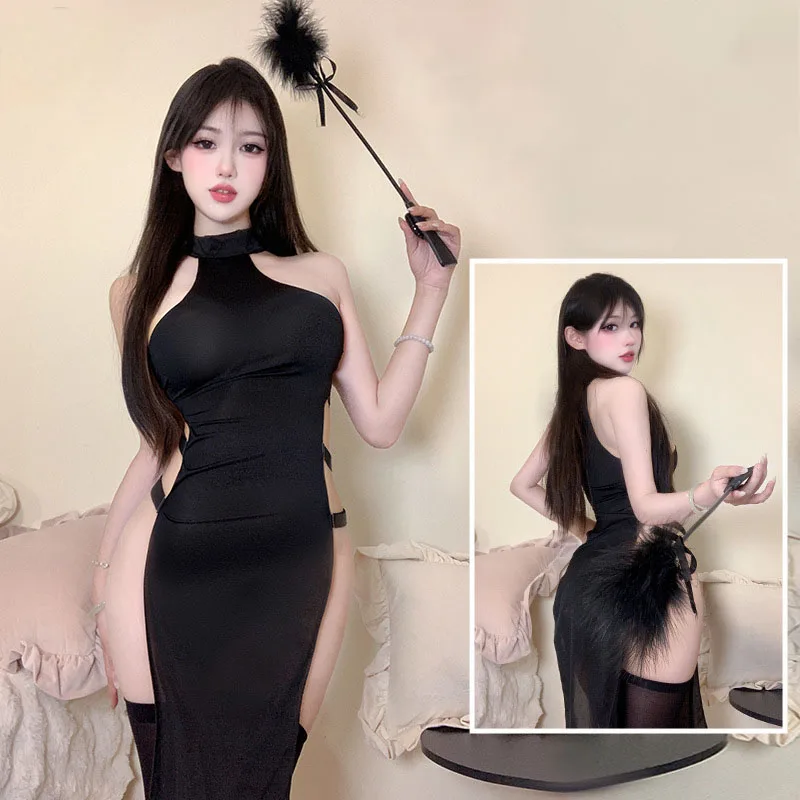 Fashion Cool Girls Role Play Costume Black High Split Long Dress Babydoll Uniform Cosplay Outfit For Women Hollow Lingerie Dress