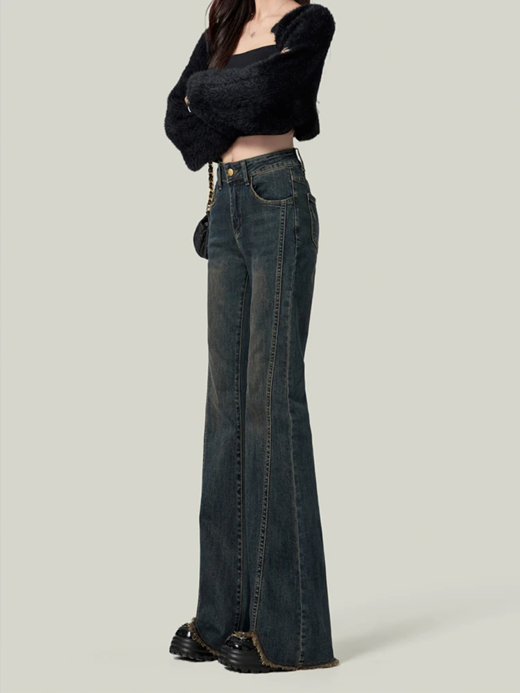 

Джинсы-клеш с высокой талией для женщин, весна-осень, утягивающие, маленький размер, большой размер, джинсы в пол, повседневные, стильные