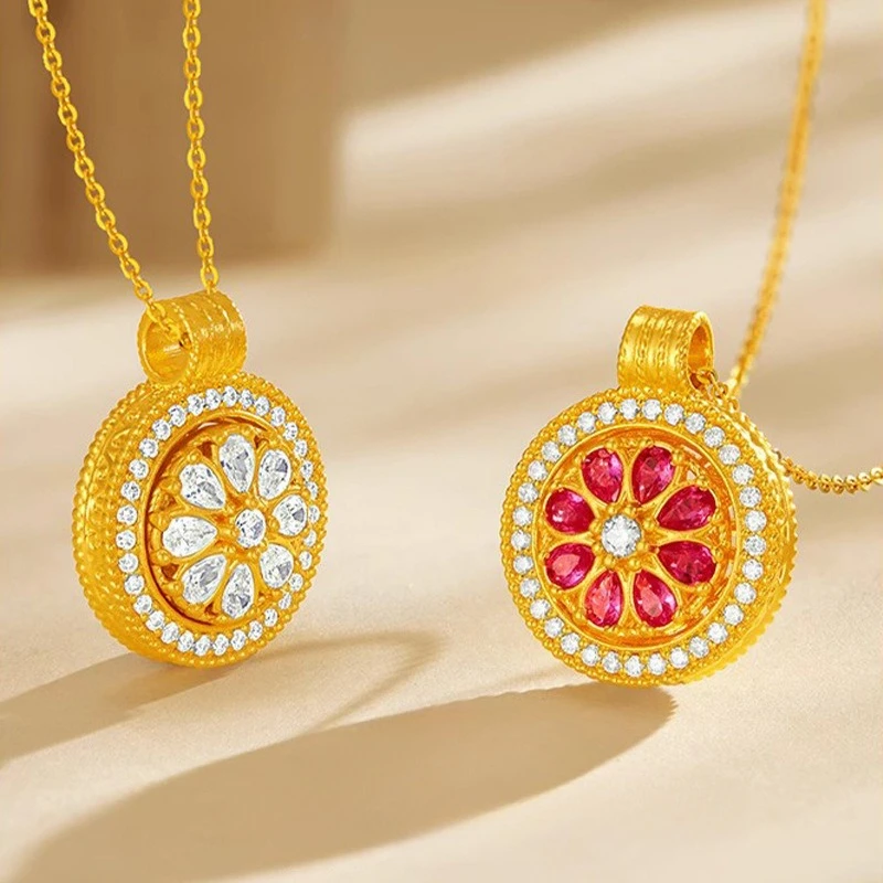 

Fashion 18kt Gold Color Rotating Mozambique Zircon Pendant Necklace for Women Girl Christmas Birthday Wedding Jewelry Gifts