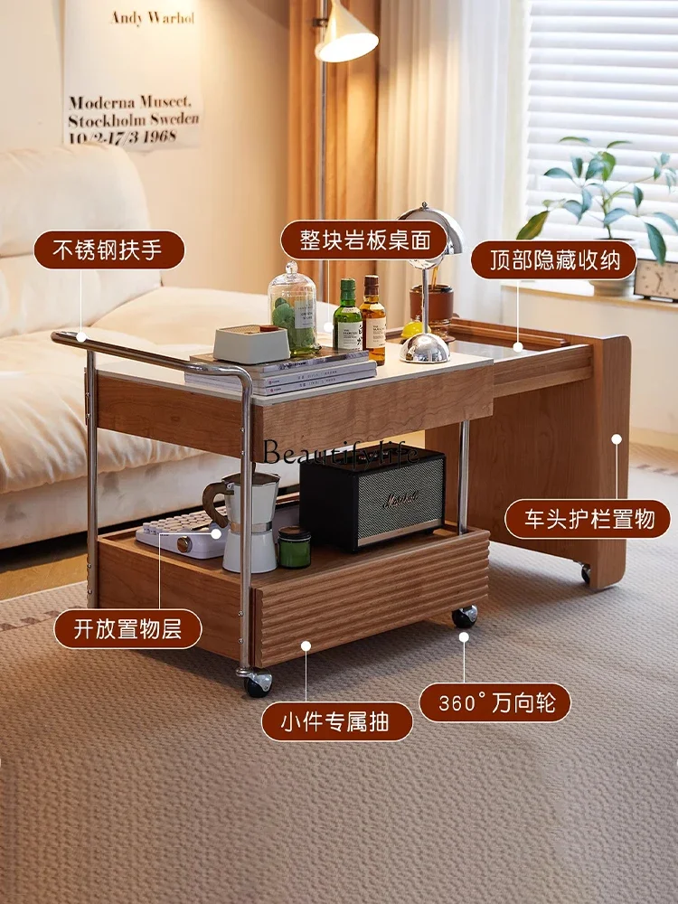 Mesa de centro de madera de cerezo nórdico para sala de estar, carrito móvil japonés, gabinete de té de losa de roca