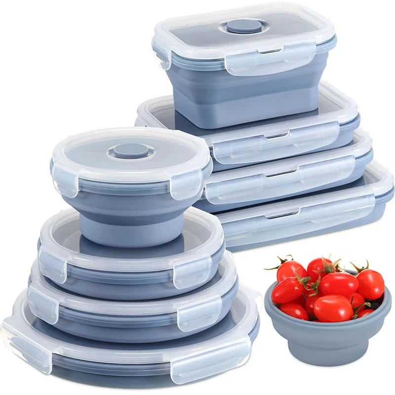 Collapsible Food Storage Container with Airtight Lid Rectangular Round Kitchen Stacking Silicone Collapsible Meal Prep Container