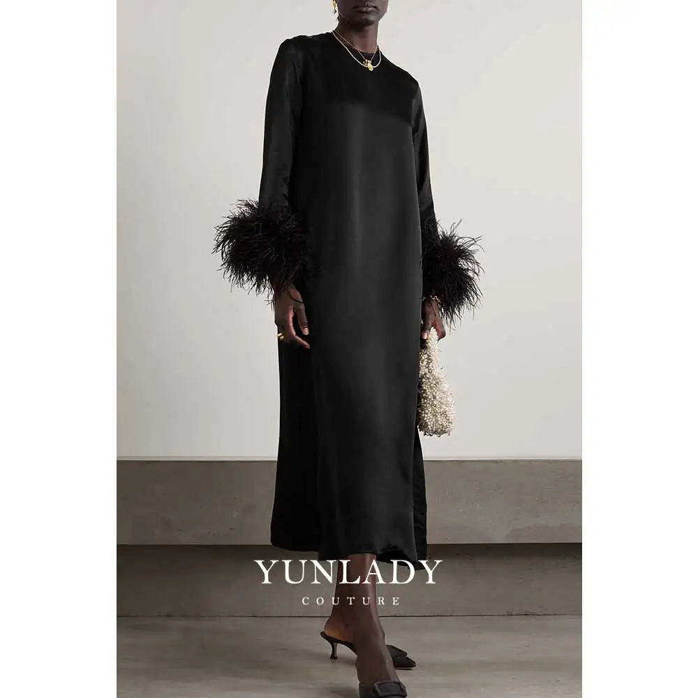 

YUNLAN Customized Black Feather O Neck Evening Dress Mom Midi Dress 2025 Black Women Cocktail Prom Dress Formal Party Dress