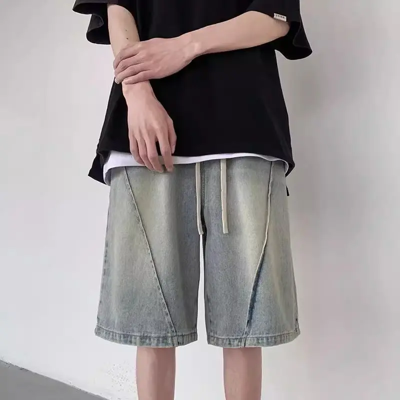 Casual Men's Distressed Denim Shorts Relaxed Fit Five Inch Inseam Elastic Waist Vintage Washed Summer Streetwear