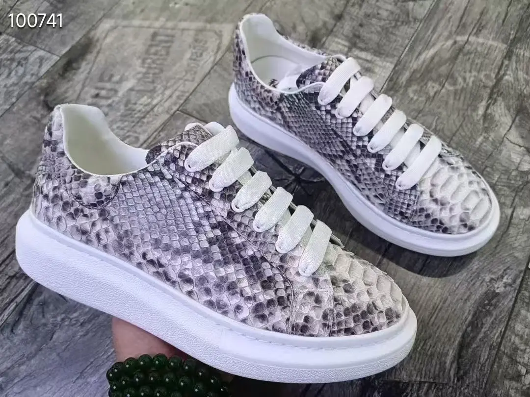 100% Genuine Python Skin Men Shoe Sneaker Fashion Leisure Beige Color with Cow Skin Lining
