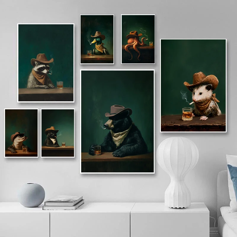 1PC--Smoking Raccoon Black Cat Bear Duck Cowboy Bar Canvas Print Vintage Funny Animal Art Moody Lounge Wall Decor Whiskey Lov