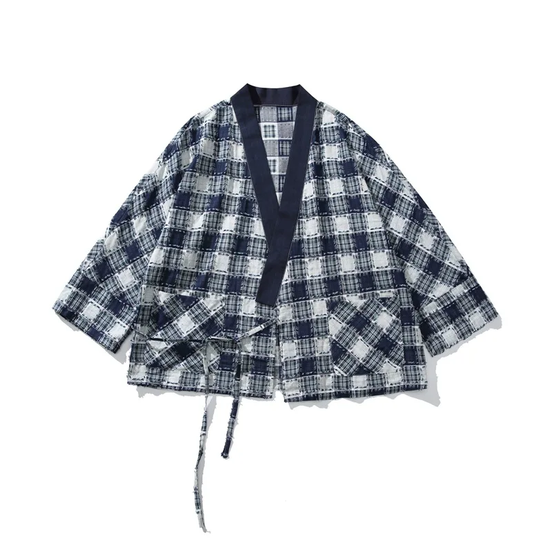 Men Japanese Streetwear Vintage Fashion Loose Casual Lightweight Pure Cotton Plaid Kimono Cardigan Shirt Coat Man Blouses