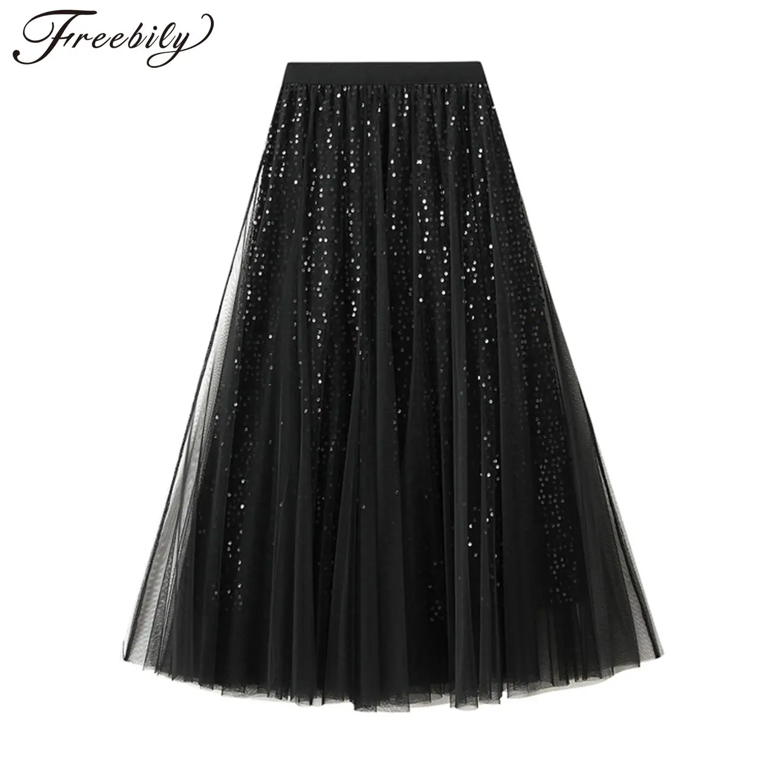 Woman Elegant Skirts Sparkly Sequin Mesh Elastic Waistband Skirt for Banquet Pageant Evening Party Skirts for Women Fashion