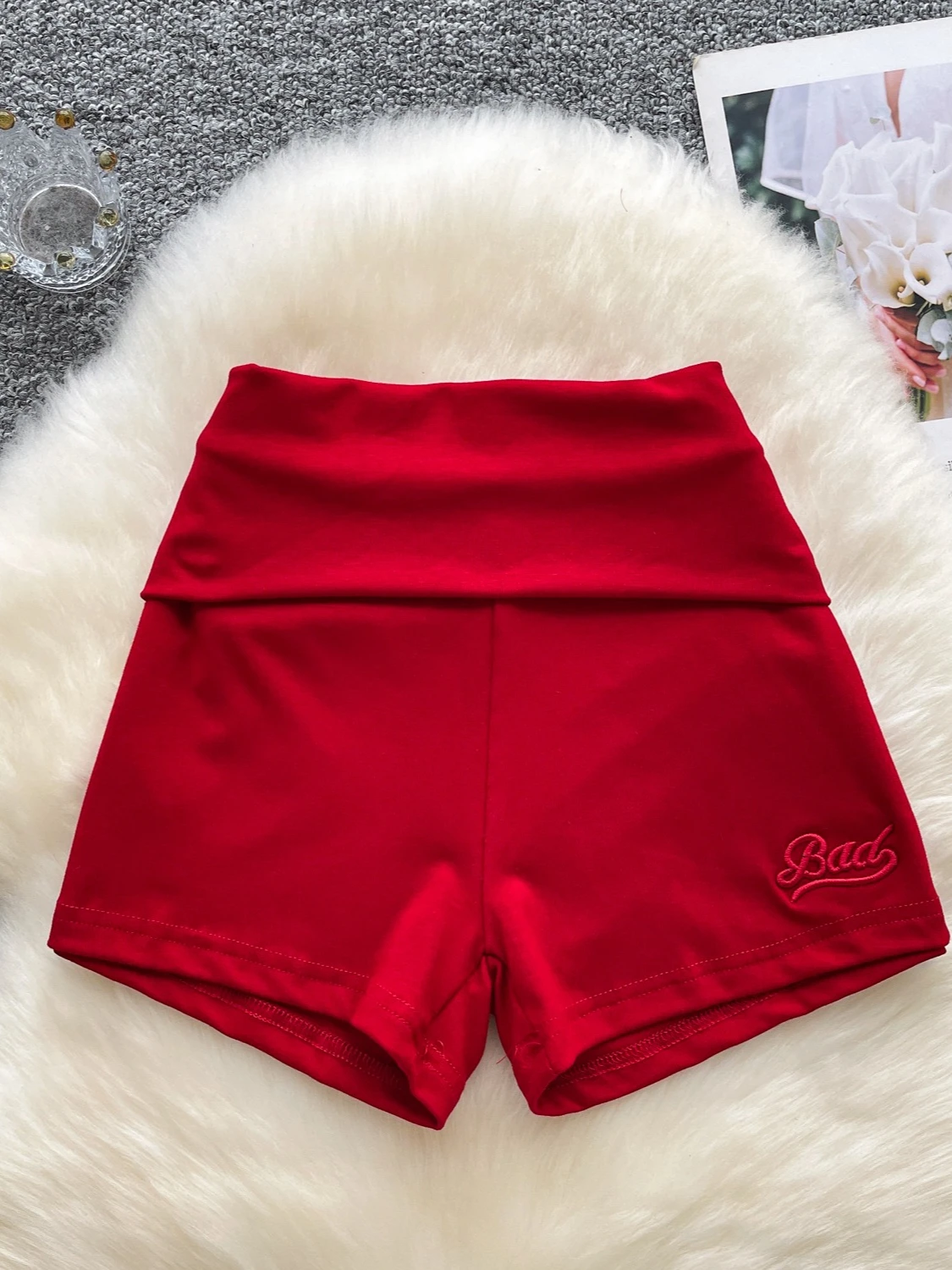 Foamlina Folded High Waist Shorts Women Fashion Solid Letters Embroidery Slim Stretch Tight Shorts Comfortable Workout Shorts