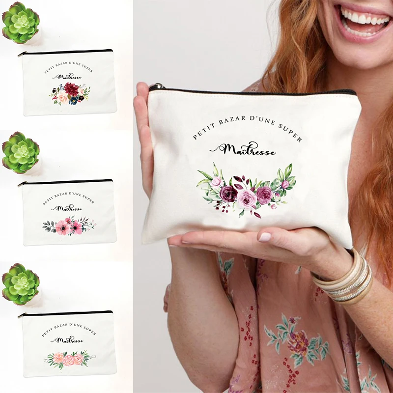 Bolsa de maquiagem com estampa floral francesa para mulheres, estojos cosméticos, presentes para professor, maitre, atsem, amesh, avs, alta qualidade