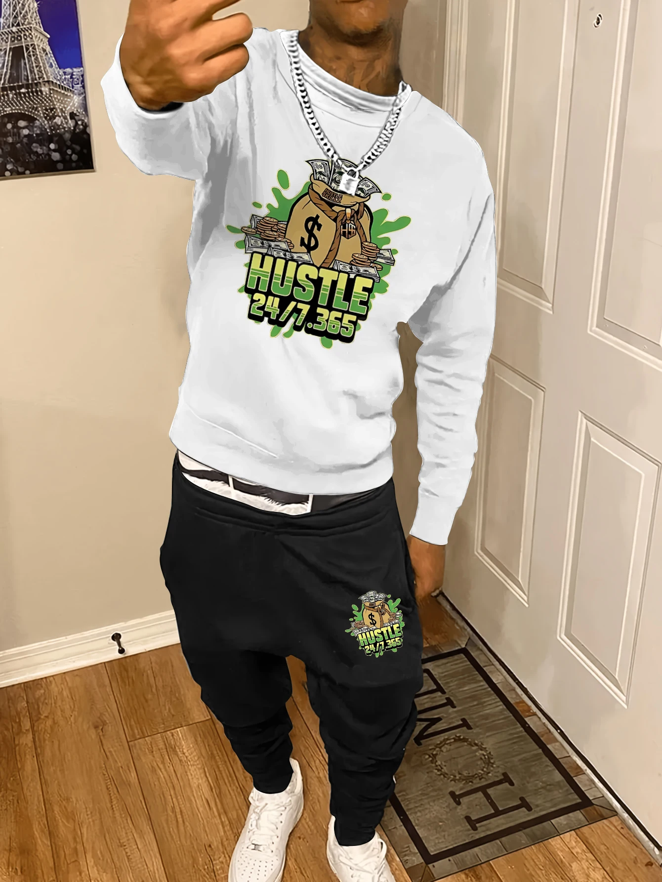 

Autumn Trendy New Hoodies Sweatshirt Men's Loose Casual Fit With Design Printed Hundred Long Sleeve Sweatshirt Two Pieces Set