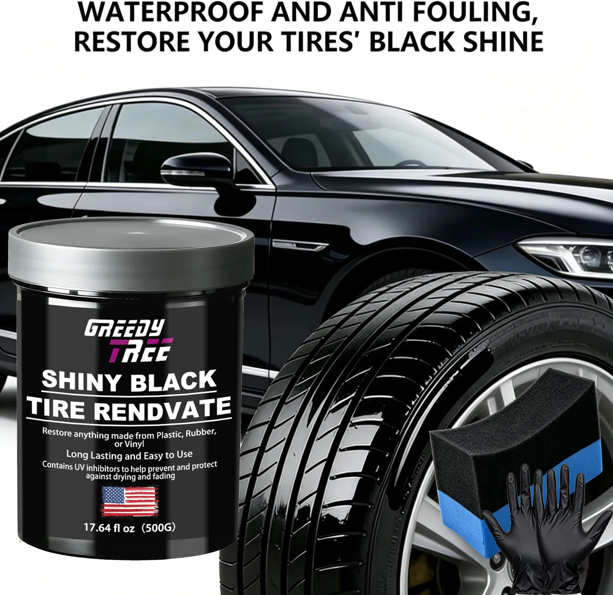 Shiny Black Tire Renovator, The Perfect Deep Black Shine - Long Lasting Car Tire Dressing - No Sling & Dry to Touch, 17.64 Oz