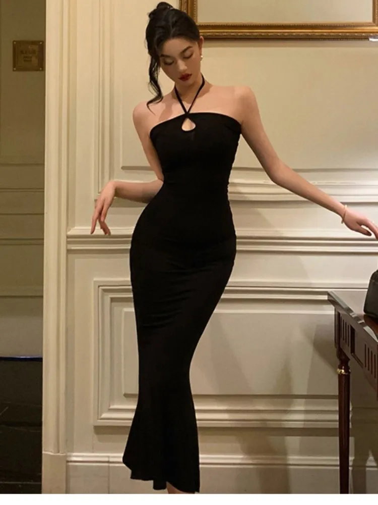 

Elegant Bodycon Evening Dresses for Women Black Velvet Halter Sleeveless Slim Backless Korean Fashion Vestidos Mujer New