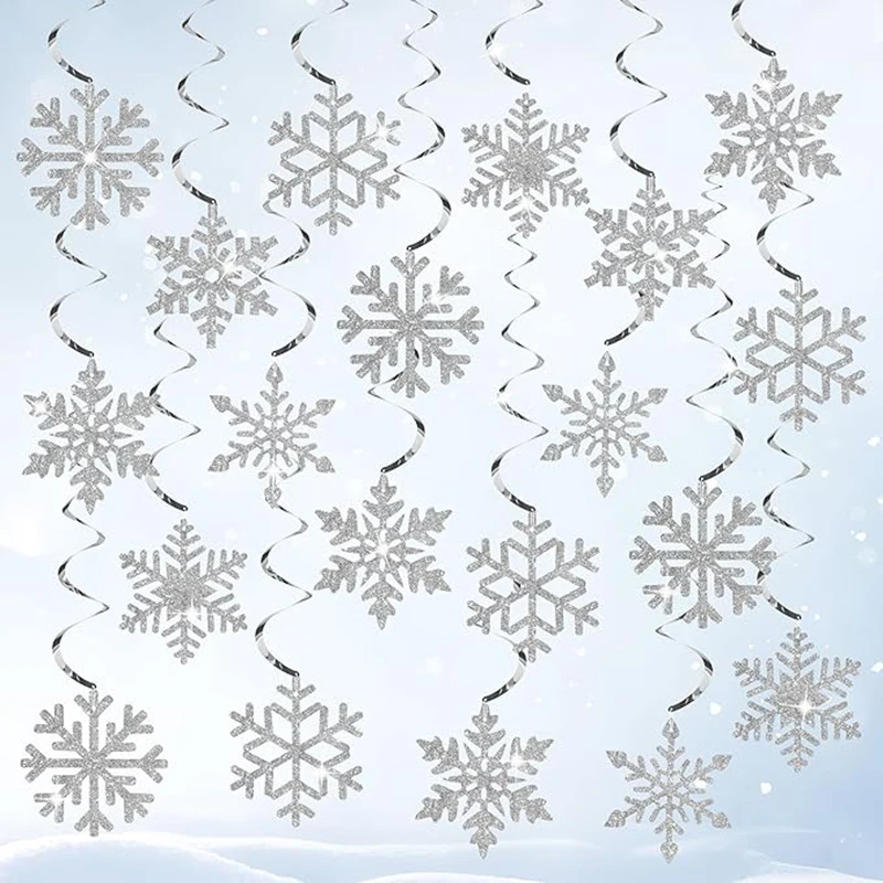 12 Stück silberner Schneeflocken-Spiralanhänger, Winterwunderland-Thema, Geburtstag, Hochzeit, Party-Anhänger, Weihnachts- und Neujahrsdekoration