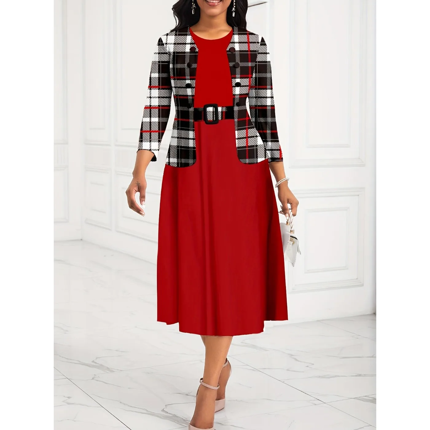

Oversized Plaid Jacket Belted Dress Two-Piece Set