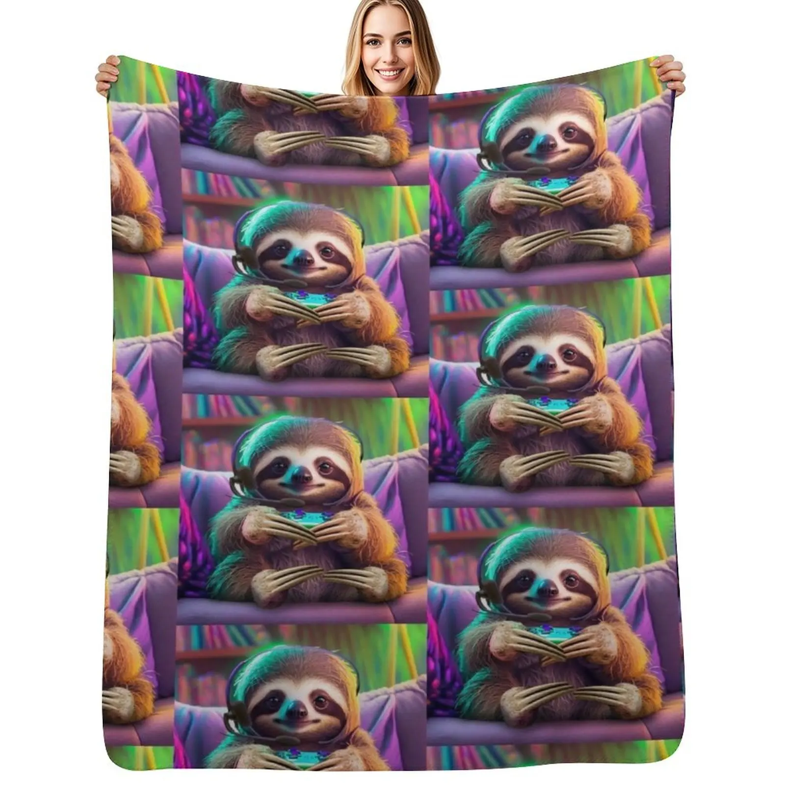 Gamer Sloth Throw Blanket Soft Warm Blanket Gift for Men Women Adults