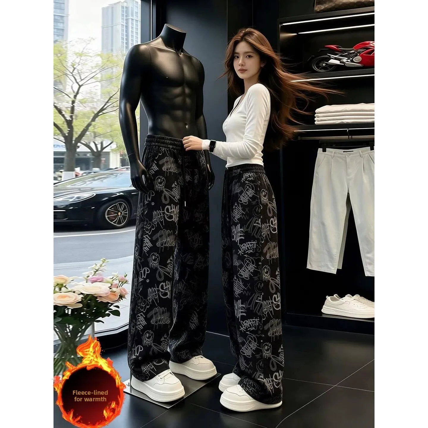 American Style Fleece Lined Graffiti Print Casual Pants Women's Winter Trendy Brand Design Straight Leg Loose Wide Leg Long P...