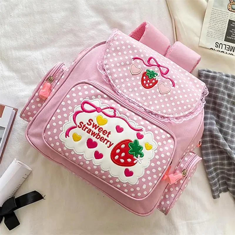 Kawaii Kids School Bag Cute Strawberry Embroidery Student Mochila Dots Multi-Pocket Nylon Fashion College for Teenager Girl