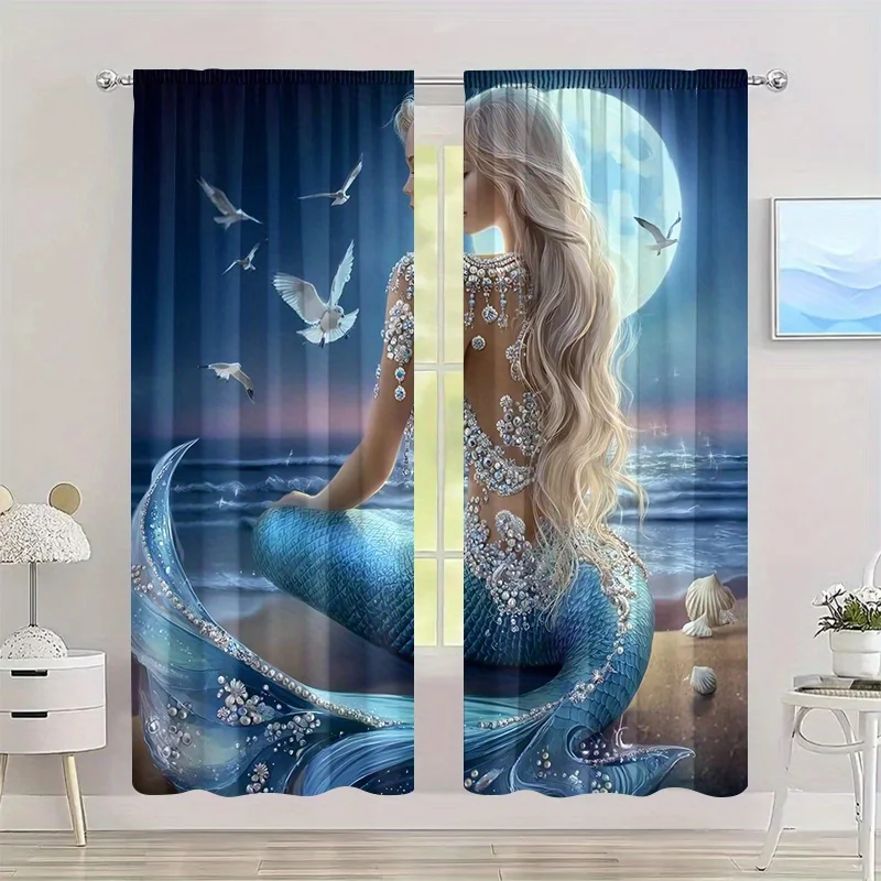 2pcs Mermaid Moon Curtains Fantasy Ocean Print Blackout Drape Living Room Bedroom Window Treatment Home Decor