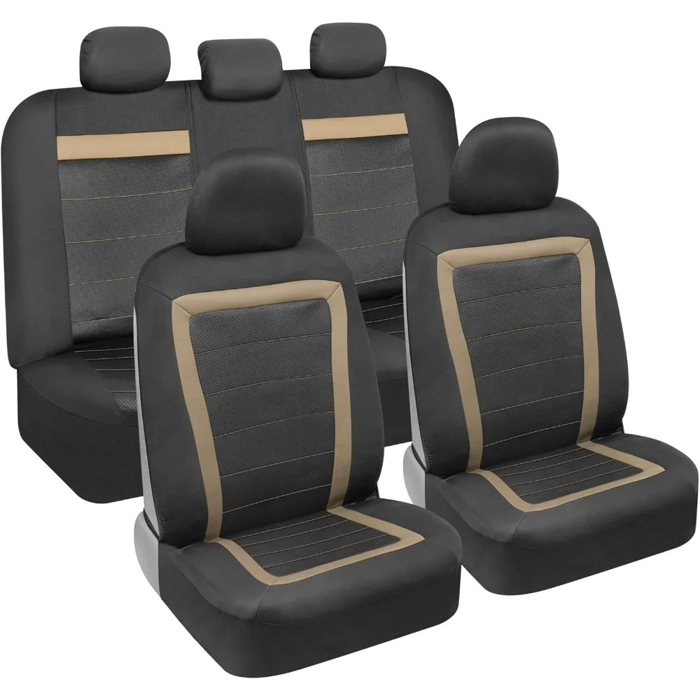 

BDK CarXS FreshMesh Full Car Seat Cover Set - Beige Accented Front Seats and Split Bench Back Seat Protector