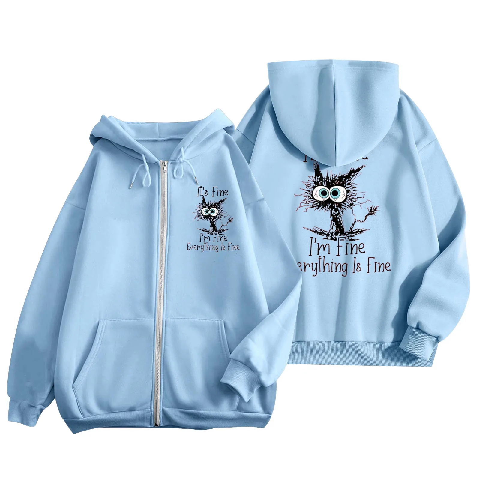 Casual Animes Cat Rits-Up Cardigan Sweater I'm Prima Alles Is Prima Hoodies Met Patroon Retro Dames Oversized Y 2K Kleding