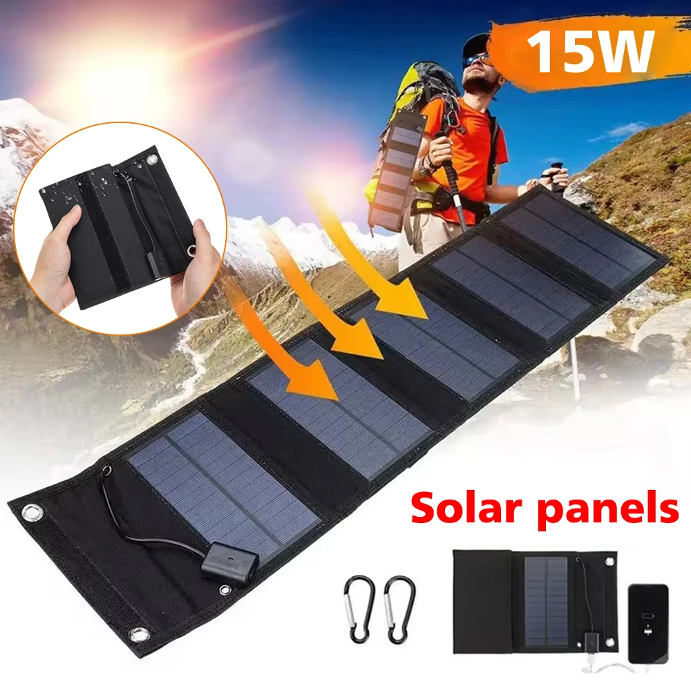 Panel Solar portátil de 15W, tablero de celda de carga rápida de 5V, batería de carga de emergencia para exteriores, Camping, senderismo, cargador de teléfono de viaje