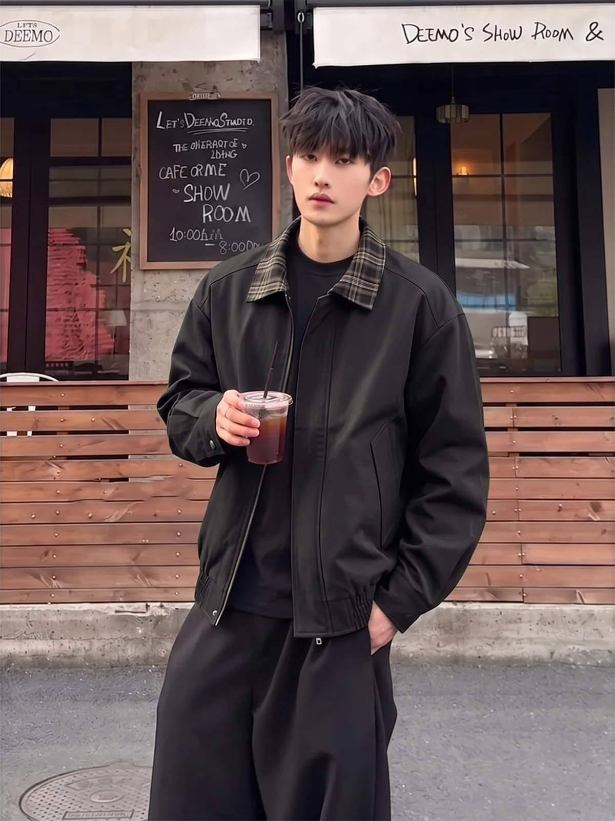 Vintage Men's Pilot Jacket Baseball Style Patchwork Shoulder Pad Plaid Splicing Outerwear Loose Fit Youthful Autumn Outerwear