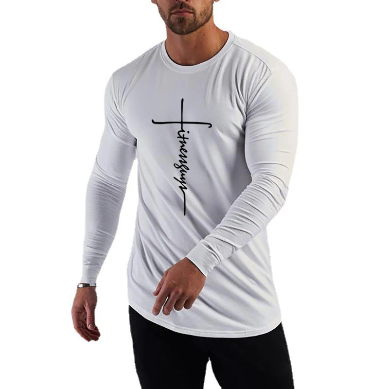 Running T-shirt Men Long Sleeve Shirt Autumn Outdoor Sports Tops Cotton Pullovers Slim Fit Gym Bodybuilding Fitness Tee Shirt