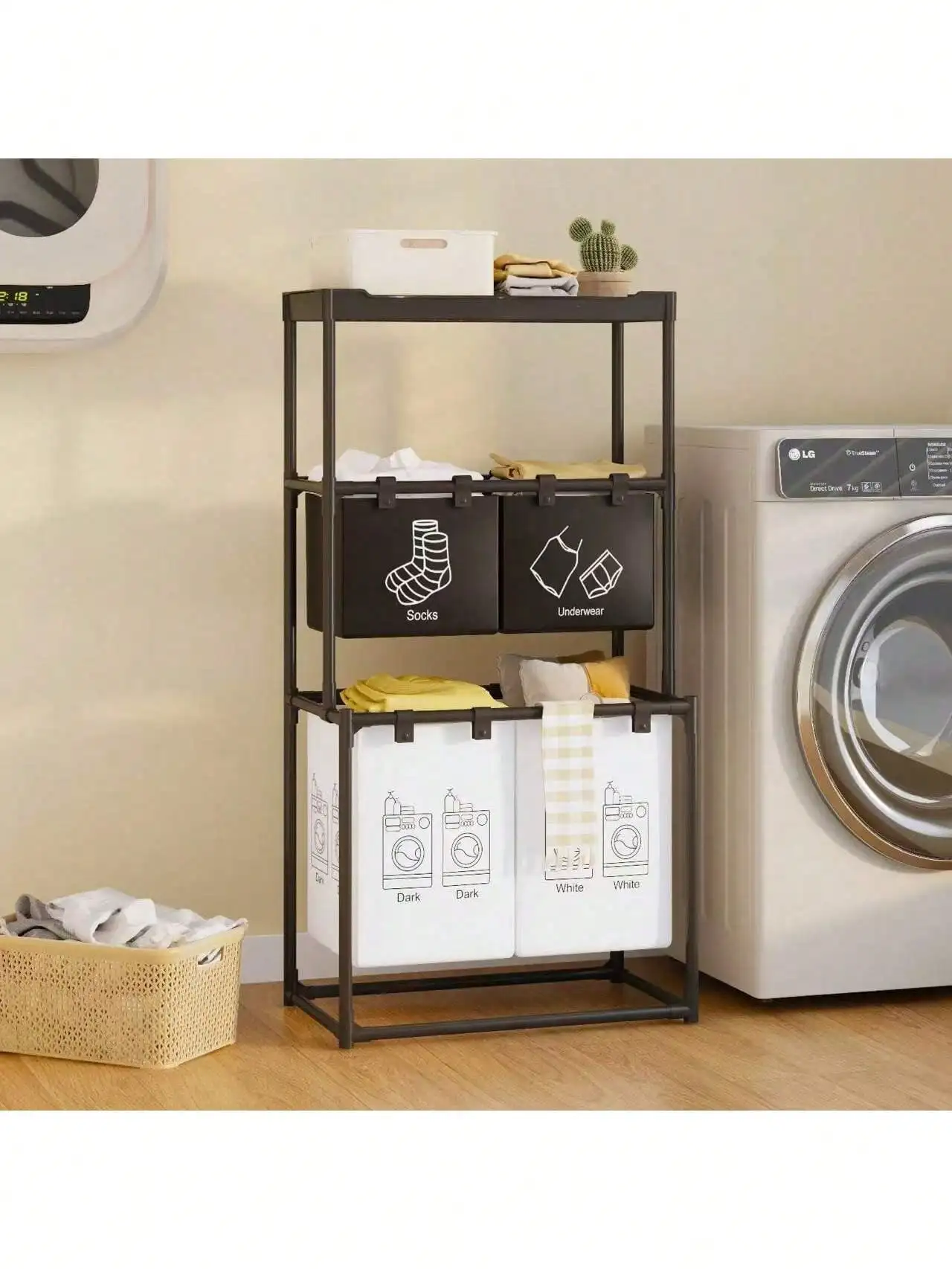 

​Collapsible 2-Tier Laundry Sorter with Bins, Portable Oxford Steel Hamper for Home & Travel