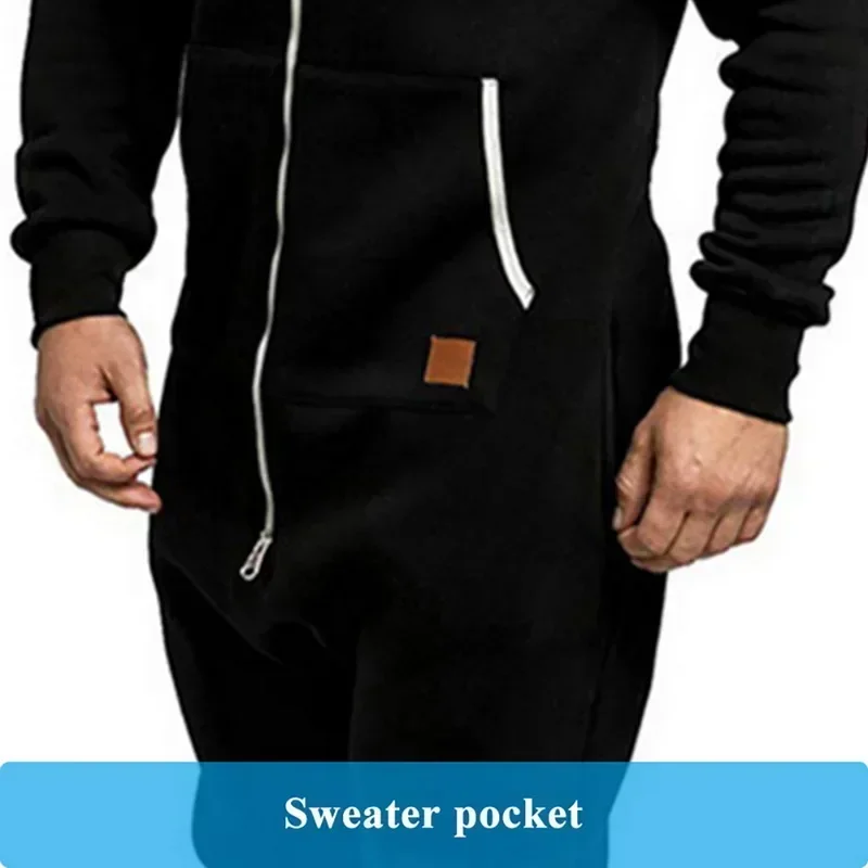 Mens Onesie Fleece Jumpsuit Pajamas Long Sleeve Warm Sweatpants Pure Color Autumn Winter Casual Hoodie Male Zipper Jumpsuit