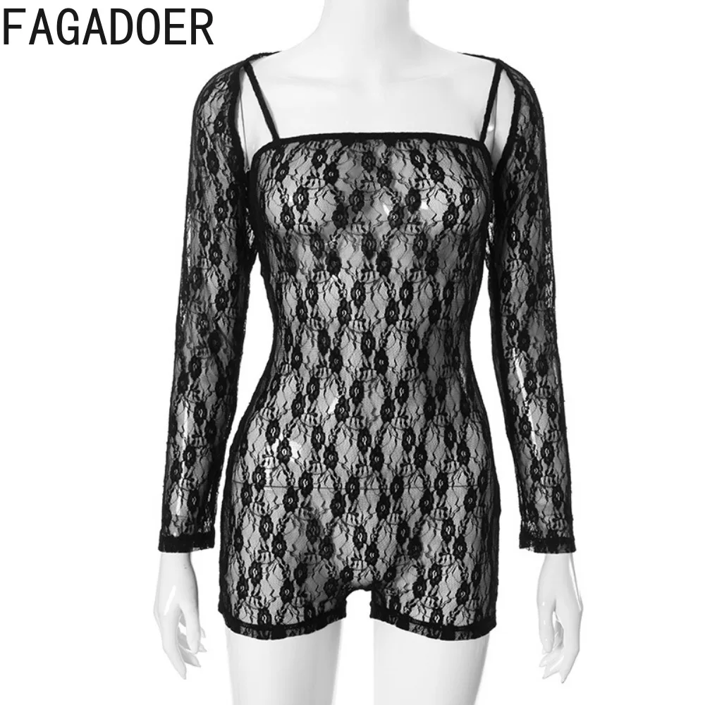 FAGADOER Sexy Lace Perspective Hollow Out Bodycon Rompers Women Thin Strap Long Sleeve Slim Jumpsuits Fashion Nightclub Overalls