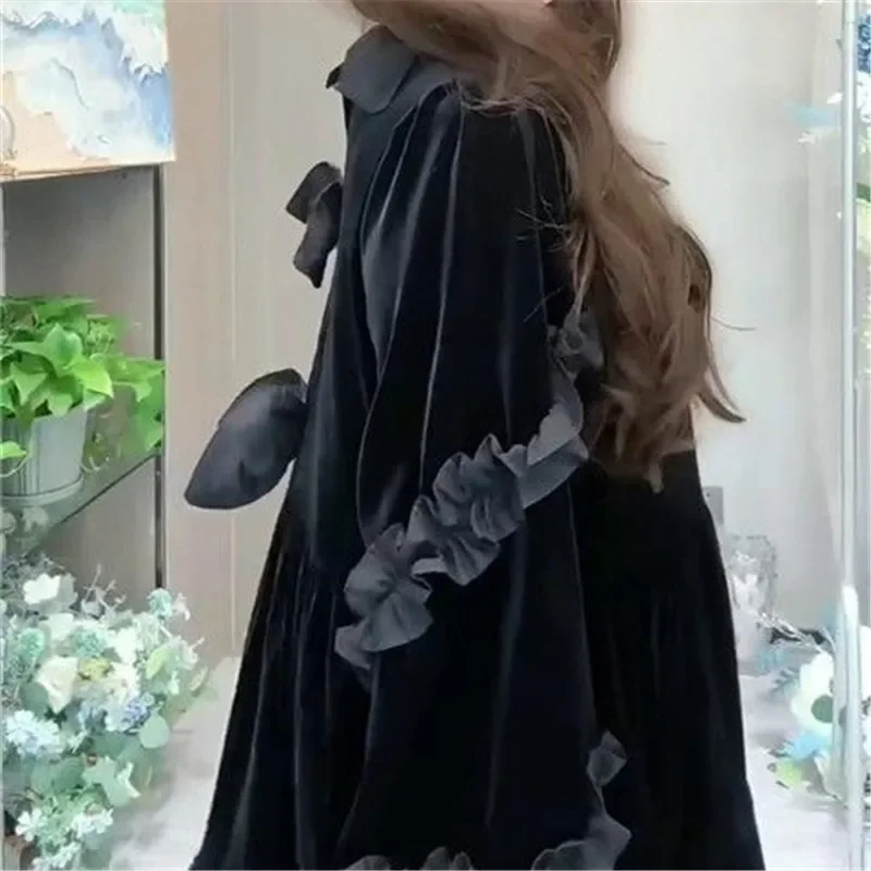 女性のための黒いフラウンスドレス,背中にリボンが付いたイブニングドレス,大きなスイング,ゆったりとした婦人服,新しいファッションデザイン