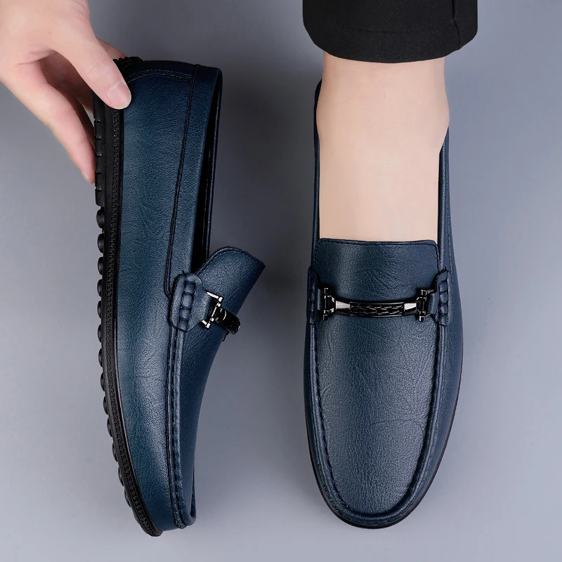 Metal Buckle Blue Loafers Genuine Leather Mens Slip on Shoes Comfortable Men Casual Shoes Male Driving Footwear Breathable Mens