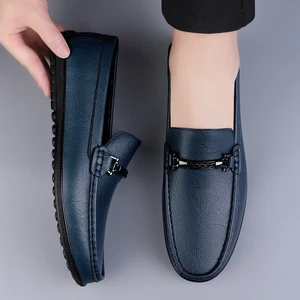 Mocassins masculinos de fivela de metal azul, couro genuíno, sapatos deslizantes, confortável, casual, respirável, calçado de condução 10 principais vendas mocassim masculino de fivela - №1
