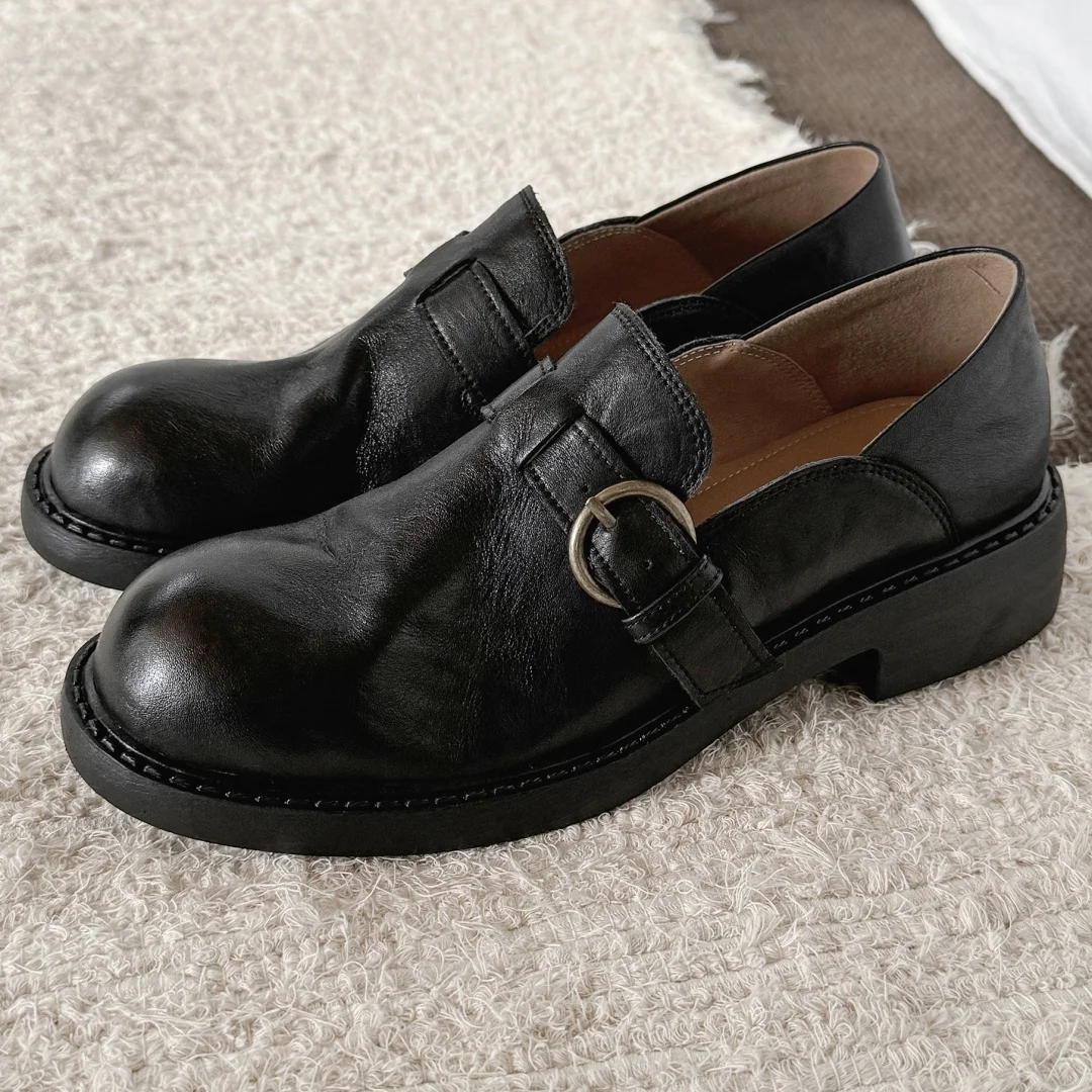 

Women's cow leather metal buckle slip-on flats loafers round toe high quality soft comfortable moccasin shoes for woman 2025 new
