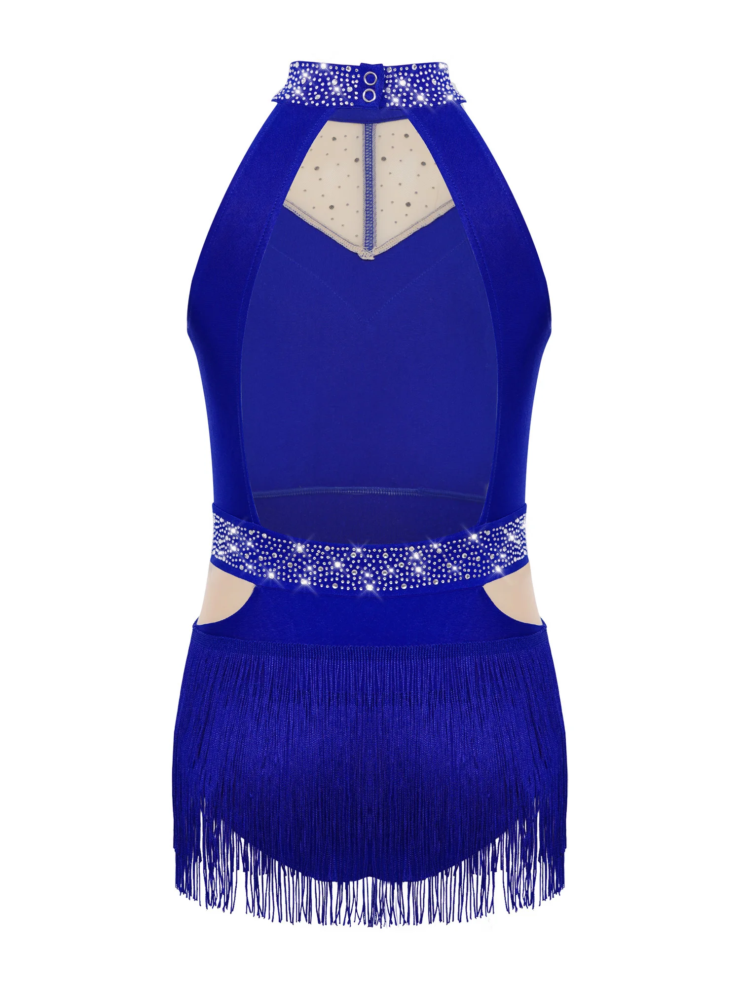 Kids Girls Latin Dance Leotard Sheer Mesh Cutout Back Shiny Rhinestones Sleeveless Tassels Skirted Bodysuit Jazz Tango Dancewear - Image 4