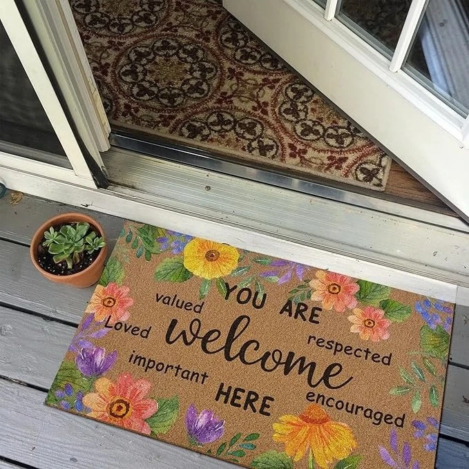Inspirational Welcome Doormat You Are Welcome Here Positive Quote Floral Print Non Slip Washable Entryway Mat for Front Porch