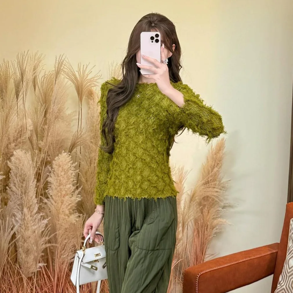 

Miyake Fold 2025 осень/зима, новая базовая рубашка, женская футболка с длинным рукавом, женская универсальная однотонная плюшевая рубашка, модный