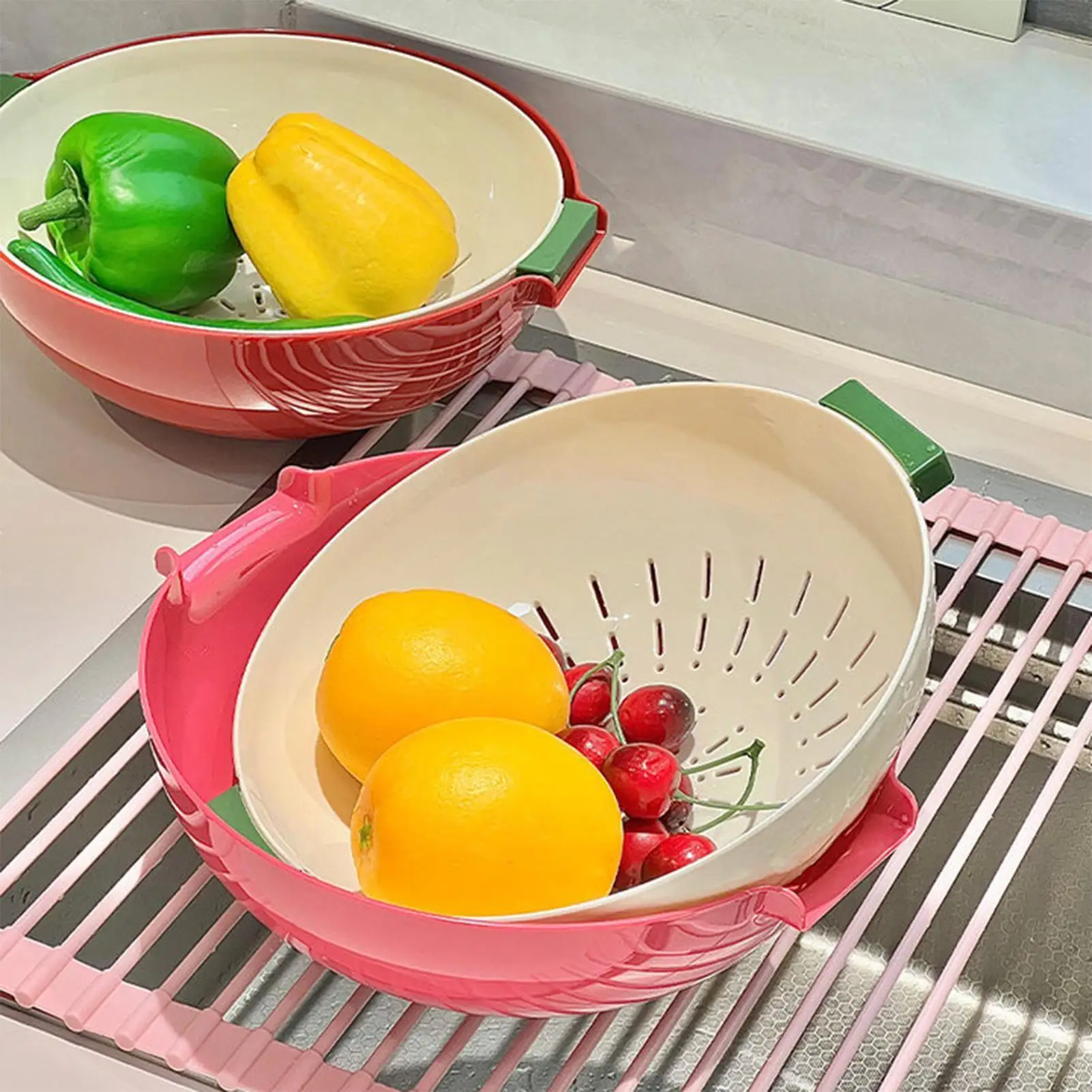 

Vegetable Drain Basket Kitchen Gadgets Double Layer Rice Washing Bowl Green Blue Pink Sink Rotatable Drainer Strainer Basket