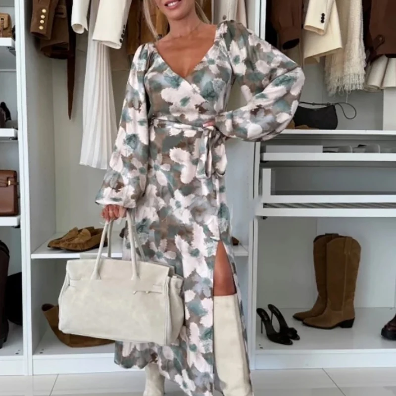 Vintage floral impresso manga longa vestido de festa sexy feminino com decote em v amarrar split boêmio vestido outono escritório casual maxi vestidos