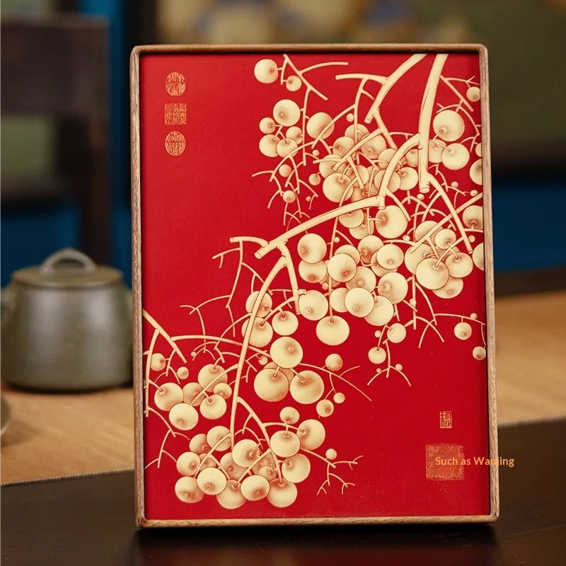 

Brass Wood Rectangle Still Life Pattern Auspicious Desk Entryway Decor New Home Housewarming Gift Wealth Luck Neo-Chinese Style