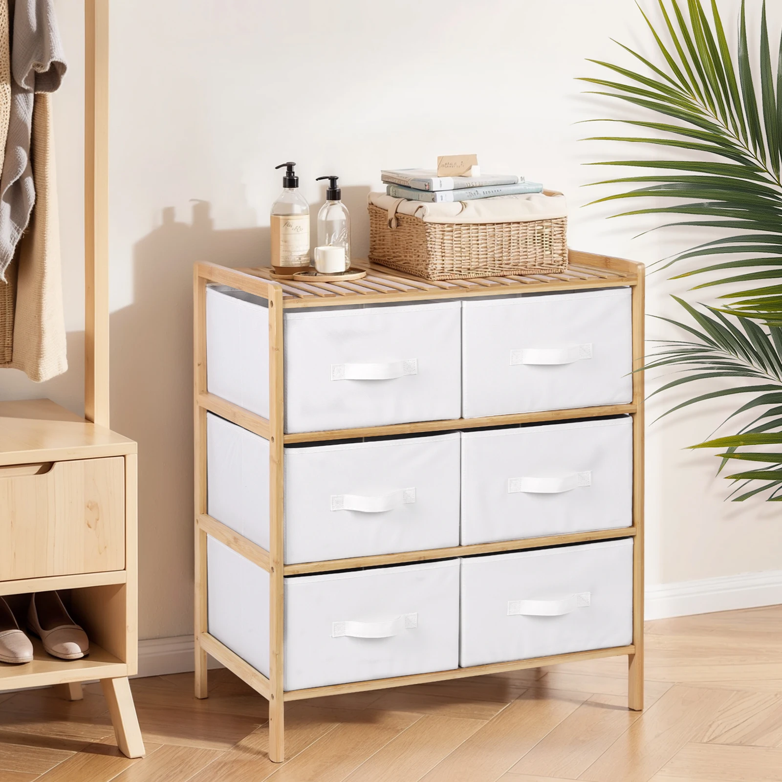 

Quilt Storage Shelf Pull Out Clothes Storage Box with 6 Baskets Sundries Organizer Shelf Multifunctional for Living Room Bedroom